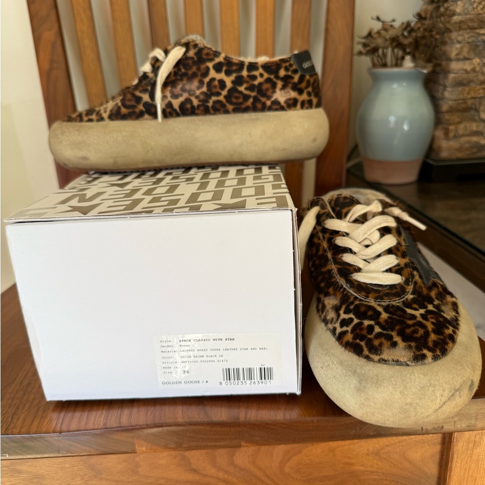 Golden Goose Space Star Sneakers in EUC Leopard and Cream w/shearling lined 36